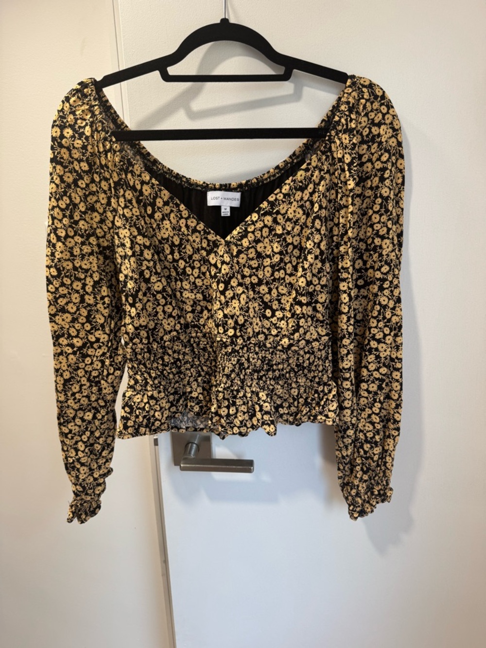 Lost + Wander Black and Yellow Floral Smocked Waist Blouse